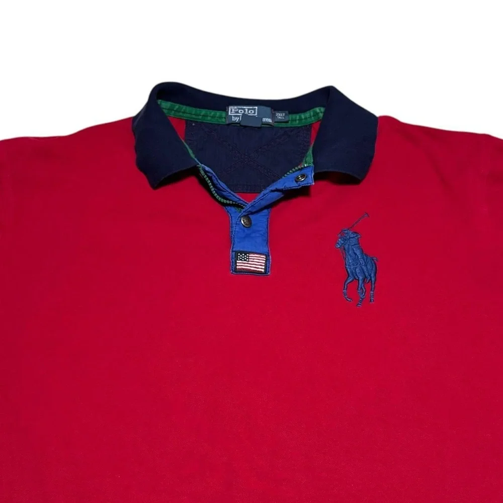 Ralph Lauren Red Navy Polo Zip Snap Shirt‎ 2XL Tall Big Pony Cotton Short Sleeve